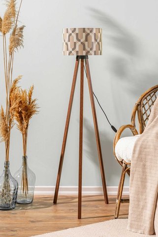 Rivaİstanbul Geometrik Soyut Vizon Silindir Başlık Ahşap Üç Ayaklı Lambader
