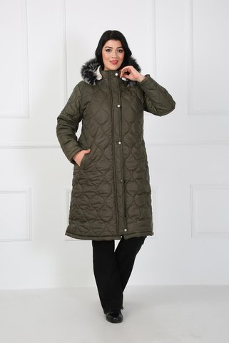 By Alba Collection Kadın Uzun Haki Kapitone Içi Yün Büyük Beden Mont