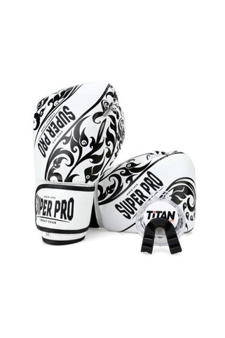 Titan Sport SÜPER PRO BEYAZ ÜZERİ SİYAH İŞLEMELİ DERİ BOKS ELDİVENİ 12 OZ