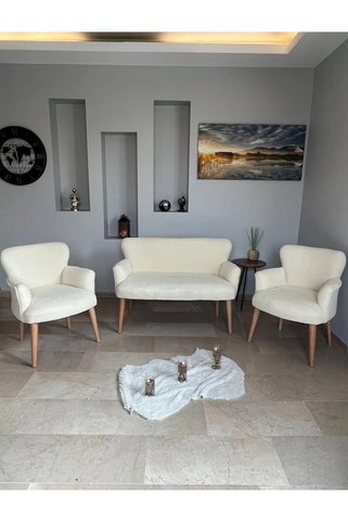 VENQM ay Seti Oturma Grubu, Puffy, Teddy Kumaş, Koltuk Takımı, Ahşap Ayak, Balkon Bahçe Mobilyası
