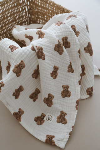 DoDo'S Baby DÖRT KATLI AYICIK TEDDY DESENLİ %100 PAMUK ORGANİK MÜSLİN ÖRTÜ