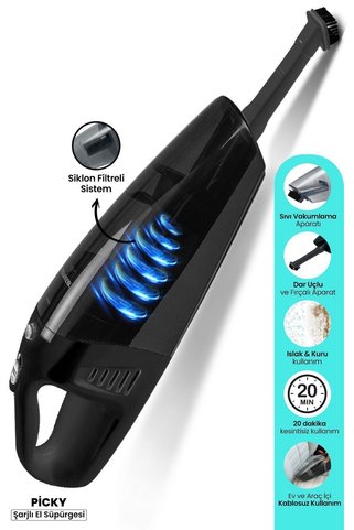 GOLDMASTER Picky Islak Kuru Siklon Filtreli Fırça Başlıklı Taşınabilir Siyah Şarjlı El Süpürgesi GM7553S