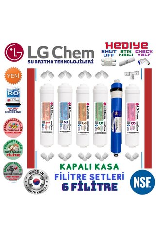 LG Chem KAPALI KASA 6 lı FİLİTRE SETİ 3 ÖN FİLTRE 90 GPD NANO MEMBRANE TATLANDIRICI-7 MİNERAL-ÇİFT ALKALİ TÜM FİTTİNGS HEDİYE