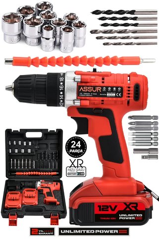 ASSUR 12V Çelik Şanzıman Bakır Sargılı Çift Akülü Şarjlı Matkap Vidalama