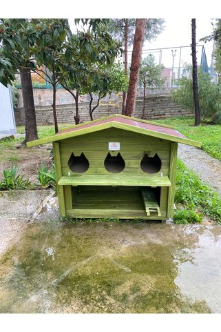 PATİ EMLAK Mamalıklı Ahşap Kedi Evi 3 Yuvalı PATİ EMLAK (Dış Ortama Dayanıklı Kedi Kulübesi)