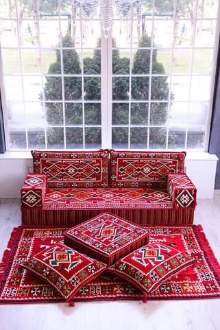 BAKIRÖZÜ HOME Şark Köşesi Takımı Konsepti Kırmızı Anadolu Modeli 9 Parça (20 CM MİNDER KALINLIĞI)