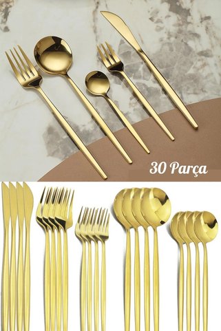 Keyfi Sepet 30 Parça 6 Kişilik Titanyum Gold Çatal Kaşık Bıçak Takımı 3mm