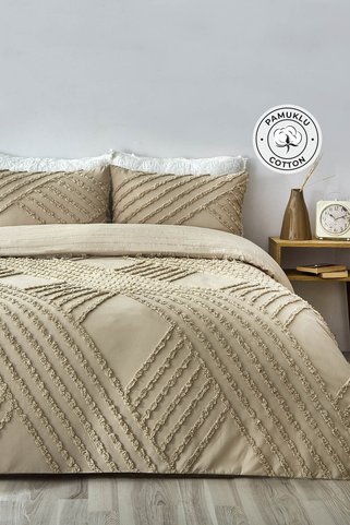 Evlen Home Collection Pamuklu Nora Kabartmalı Yatak Örtüsü Takımı Tek Kişilik Günlük Boho 2 Parça Dolgulu Bej