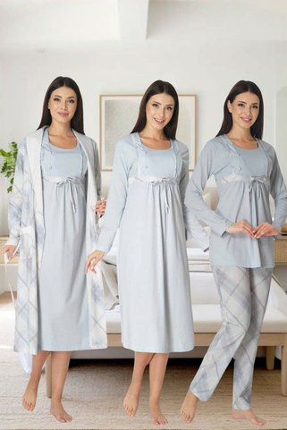 Effortt Hamile Lohusa Ekose Detaylı Zarif  Sabahlıklı Pijama Seti Primum 4 lü Lohusa seti [emzirme bölümlü]