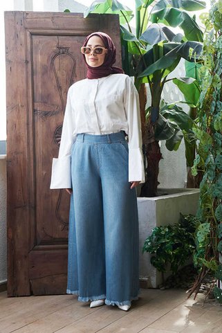 Neways 1153-Denim Püsküllü Pantolon Etek Açık Mavi