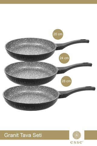 Esse Granit Döküm 3'lü Tava Seti Siyah 20 Cm/24 Cm/28 Cm E403