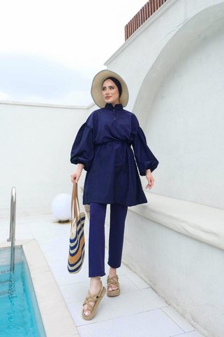 lurex moda BALON KOL BEL BAĞLAMALI ÇITÇITLI OVERİSİZE KESİM TESETTÜR MAYO