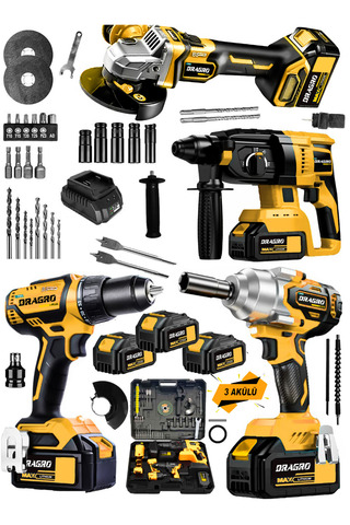 Dragro 21v 4x3 Pro 4'lü Set Kırıcı Delici Somun Sıkma Taşlama Makinesi Matkap 3 Akülü