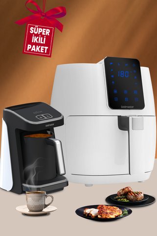 GOLDMASTER Avantajlı İkili Set Paketi Dokunmatik Airfryer Sıcak Hava Fritözü Geniş Hazneli  Türk Kahve Makinesi