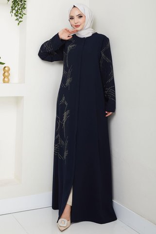 hafsamina Tek Tarafı ve Kolları Taşlı Büyük Beden Ferace Lacivert HM2711