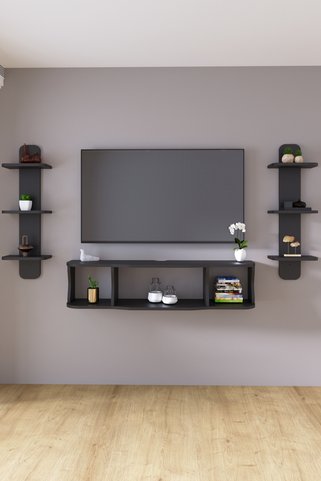HMC DECOR 120cm Ayaksız Duvara Monteli Tv Ünitesi Ve 2 Adet 90cm Uzunluk Duvar Rafı Antrasit Gri