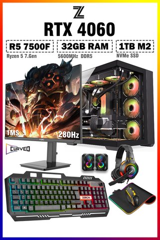 Zeiron Warrior Spine X12 Ryzen 5 7500F 32GB 1TB M.2 SSD RTX4060 27" 280Hz Sıvı Soğutmalı Oyuncu Bilgisayarı