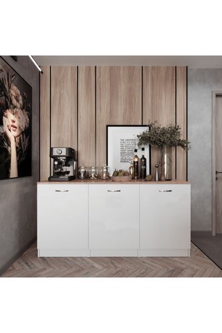 Tdesigno Twist Mutfak 3 Kapaklı Alt Modül -150 cm - Çok Amaçlı Dolap -Beyaz-Tezgah Dahil