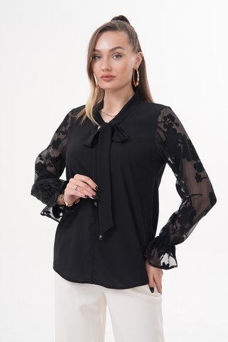 Loom Boutique Büyük Beden Kravat Yaka Keten Transparan Kol Garnili Bluz