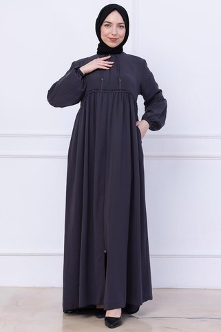 hafsamina Büzgülü Taşlı Ferace Füme HM2732