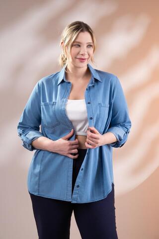Roxxlen 1222506 Cep Detaylı Denim Gömlek Mavi