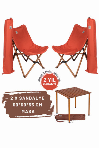 Bag The Joy Ahşap Katlanır Kamp Masa Sandalye Seti 60x60x55 cm | Bahçe , Balkon | Çantalı | Kahverengi – Kiremit