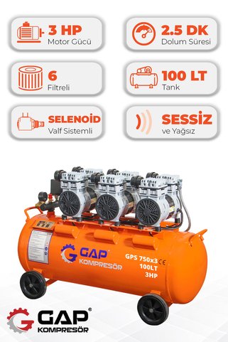 GAP KOMPRESÖR Hava Kompresörü Sessiz Ve Yağsız 100lt Gps750x3