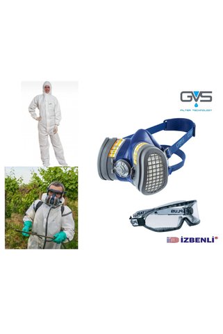 GVS ABE1P3 Tarım ilaçlama İçin Yarım Yüz Gaz Maskesi (Filtre İle Beraber)+Goggle Gözlük+Tulum Tam Set