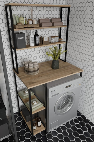 Modaks Saroz Çamaşır Makinesi Üstü Banyo Dolabı ve Deterjanlık - Meşe