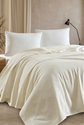 Eponj Home Battal Boy %100 Pamuk Pike Örtü 240x230 cm – Karo Desenli Krem – Weave Serisi