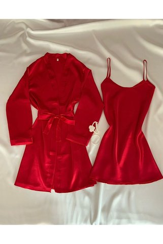 MH Moony Homewears 2'li Saten Kırmızı Gecelik Sabahlık Seti Özel Kesesiyle