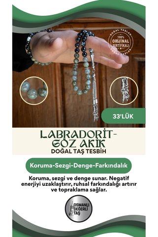 OSMANLI DOĞAL TAŞ Sertifikalı Labradorit, Göz Akik Doğal Taşlı 33'lük Tesbih ve Bileklik Takım