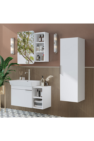 ROOMART Likya Kapaklı Açık Raflı Mdflam Lavabolu 82 Cm Banyo Alt Dolabı +Banyo Üst Dolabı + Banyo Boy Dolabı