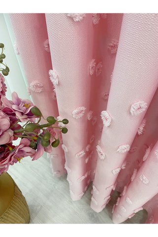 Brillant Şeker Pembe Renk Ponponlu Pufy Fon Perde 1/3 SIK Pile