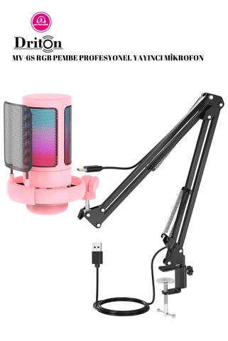 Driton Youtuber Mikrofon Mv-6s PEMBE Rgb Usb Oyuncu Yayıncı Ve Podcast Condenser Mikrofon Seti