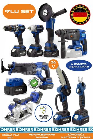 BÖHRER Alman BA01081M 6 Akülü 2 Şarjlı Kömürsüz V598 5Ah Profesyonel 9 Makine Kombo Set - BLUE MAVİ