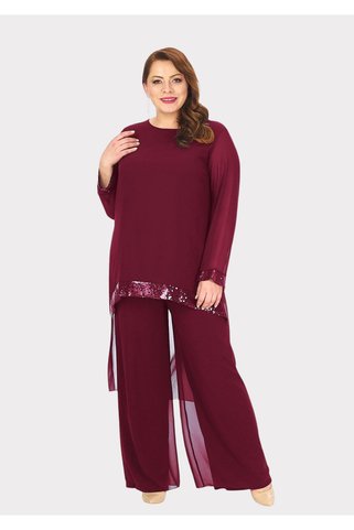 LİLAS XXL Büyük Beden Bordo Renkli Şifon Abiye Pantolon Bluz Takım