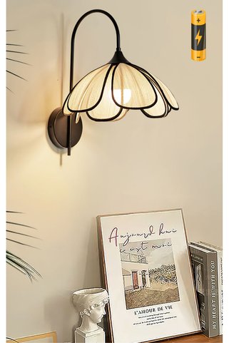 burenze Modern Tasarım Rose Çiçek Kablosuz Pilli Aplik Siyah Gövde Aç Kapa Butonlu Tak Çalıştır Ekru Kumaş