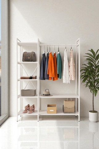 Mobitopya Nilamu Beyaz Elbise Dolabı | Metal Gövdeli Açık Askılık & Organizer Dolap 130×170×34 Cm