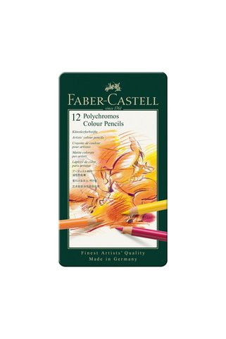 Faber Castell Polychromos 12 Renk Boya Kalemi, Örtücü ve Parlak Renkler, Yüksek Pigmentli, Metal Kutulu