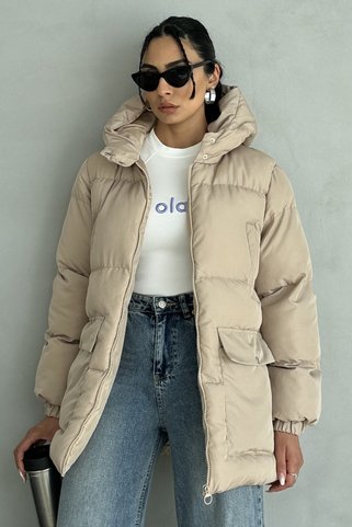 moda armanc Kapüşonlu Oversize Kadın Şişme Mont - 4 Cep Detaylı, Bej