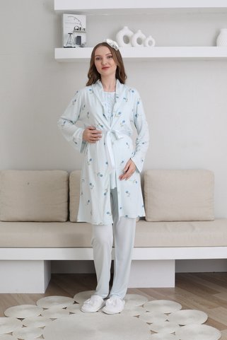 ERDENİZ TEKSTİL Çiçek Desenli Sabahlıklı,Kısa Kollu Lohusa-Hamile Pijama Takımı 3'lü Set