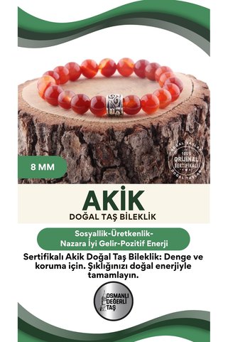 OSMANLI DEĞERLİ TAŞ Sertifikalı Akik Doğal Taş Bileklik - 8 Mm B774
