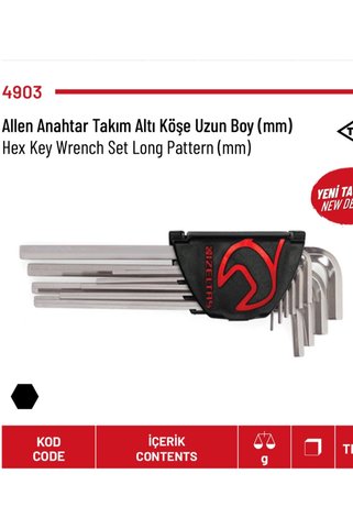 İzeltaş Alyan (Allen) Anahtar Takımı Altı Köşe Uzun Boy 12 li