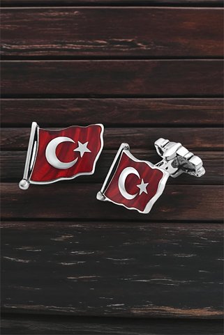 Silverplus Gümüş Türk Bayraklı Mineli Kol Düğmesi