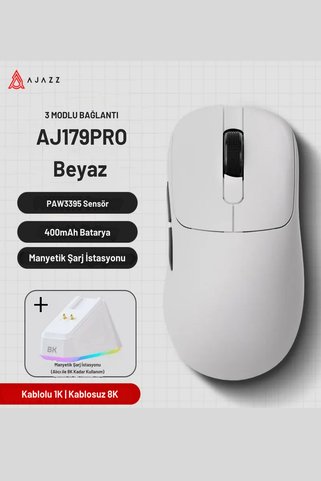 Ajazz Aj179 Pro Kablosuz 3 Mod8000Hz-26.000DPI Oyuncu Mouse PAW3395 Sensör RGB Manyetik Şarj İstasyonu