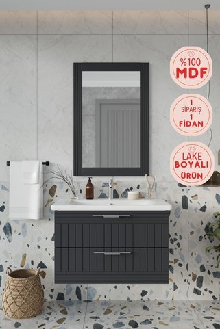 BALNEOM Erguvan Gümüş Kulp Antrasit 80 Cm %100 Mdf Lavabolu Banyo Dolabı Ayna