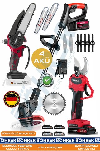 BÖHRER 21V +4 Akülü BA01114K Uzayan Teleskopik Kol Çim Biçme - Akülü Zincirli Budama Testeresi Ve 30MM