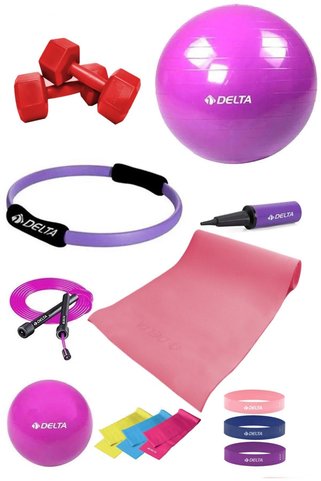 Delta 140 - 159 Cm Boya Uygun 14 Parça Pilates Seti 55 Cm Top 4 Mm Minder Çember Squat Bandı 2 Kg Dambıl