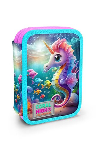 Coral High Mavi Su Yeşili Denizatı Desenli Çift Katlı Kalem Çanta 11144